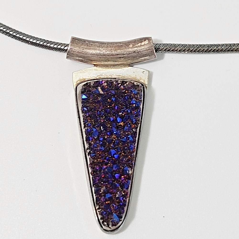H & B Mackie Sterling Silver Necklace Druzy Iridescent Stone Modernist Artisan